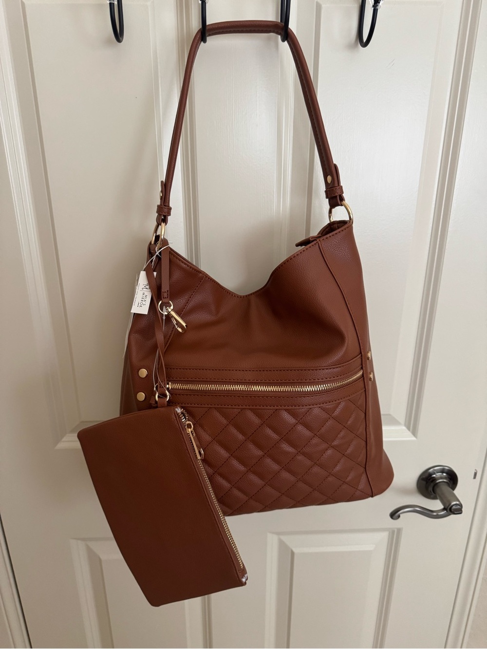 Isabelle Women's Quilted Brown Tote Bag with Clutch 2 in 1 Set NWT